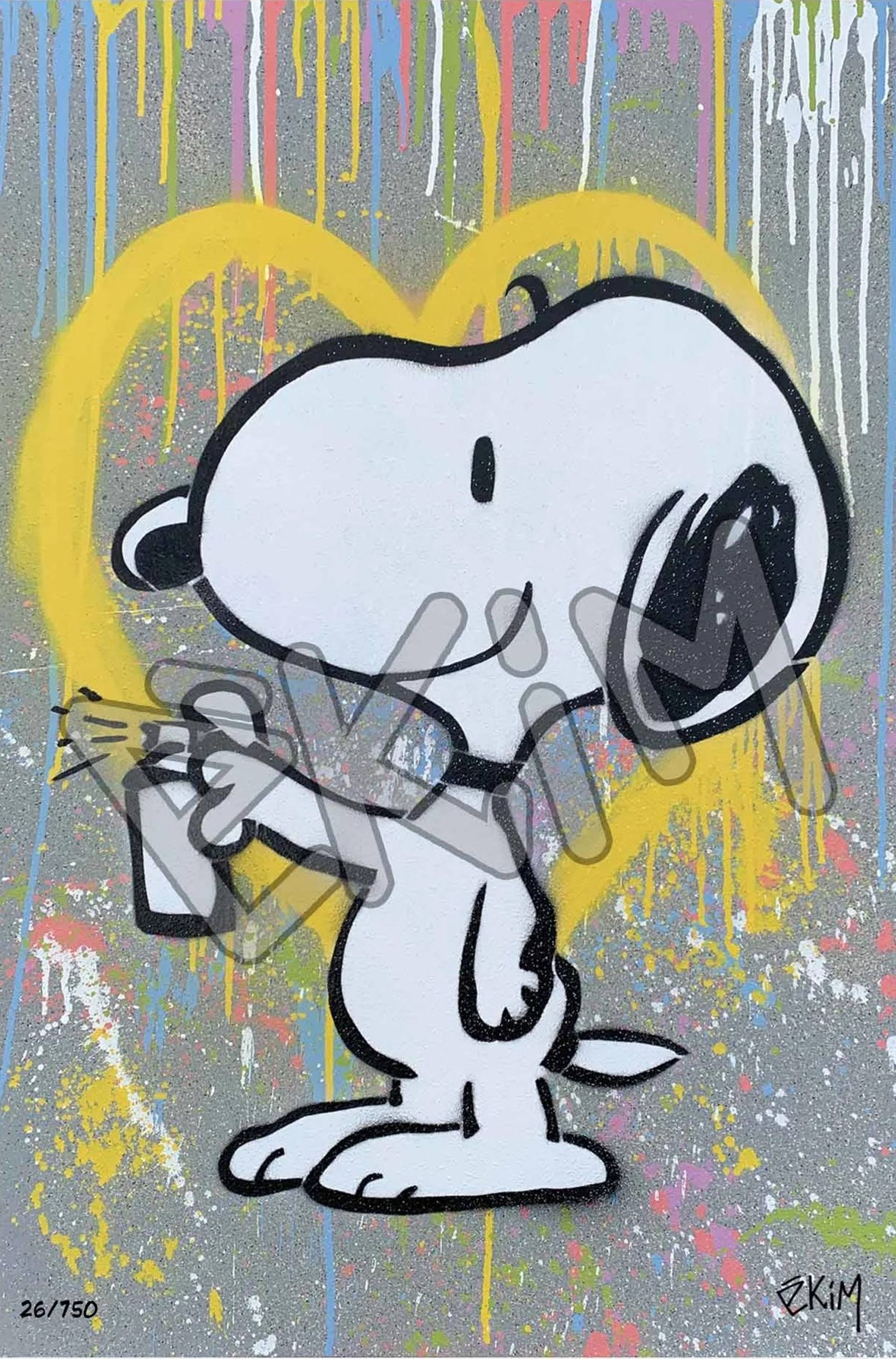 Snoopy with Yellow Heart Street Art Graffiti on Concrete Mixed