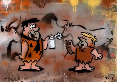 The Flintstones Street Art at Lascaux Cave Painting Graffiti Fred and Barney with Spray Cans by Ekim Limited Edition Print - Only 75 Available thumb