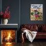 Top Cat Street Art above Leather Sofa next to a roaring fire.