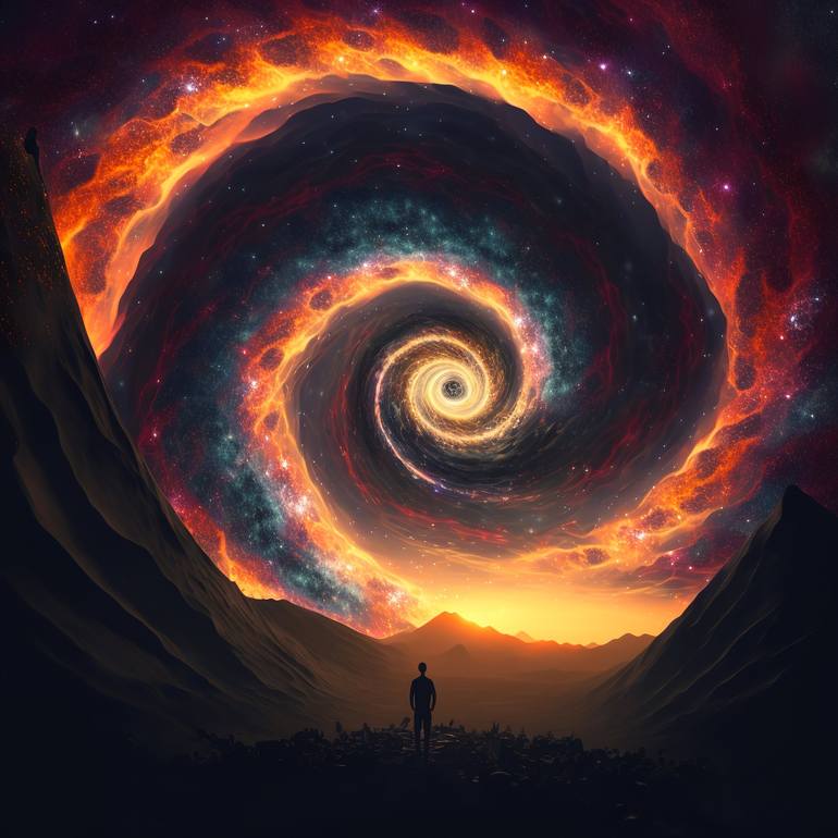 A man looking into space. Fibonacci spiral
