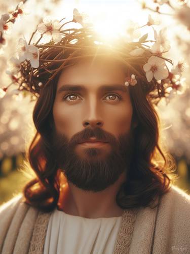 Jesus Christ with crown of thorns and blooming flowers thumb
