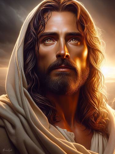 Jesus Christ with crown of thorns on sunset sky background thumb
