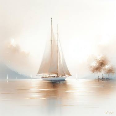 Sailing yacht on the lake in the evening thumb