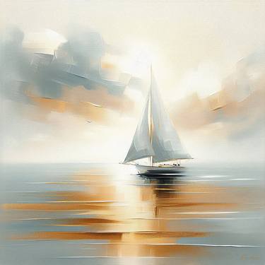 Sailing boat in the sea at sunset thumb