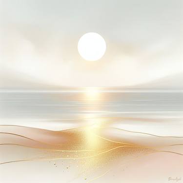 Sunset over the sea with golden sand. Print art. thumb