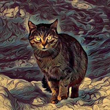 Artificial Neural Network Painting. Artificial Intelligence Painting Indigo Lunar Cat. Digital Picture for Wall Art Prints. thumb