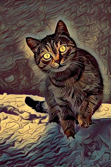 Artificial Neural Network Painting. Artificial Intelligence Painting Indigo Lunar Cat. Digital Picture Art Print. thumb