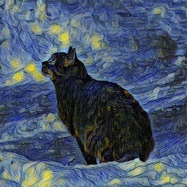 Artificial neural network painting. Artificial intelligence painting Lunar cat in Vincent Van Gogh impressionist art style. thumb