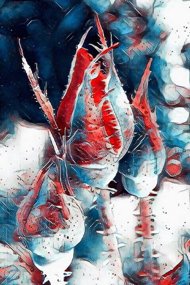 Artificial neural network painting. Artificial intelligence painting Rose buds in red and blue digital style. Abstract artistic art print. thumb