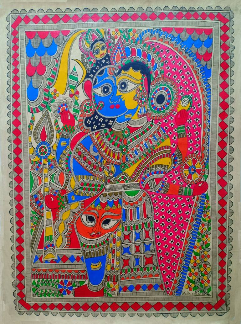 Ardhanareeswara Madhubani Painting by ArtZolo Gallery | Saatchi Art