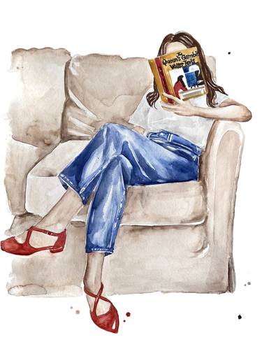 Woman Reading «The Queen's Gambit» Book On Couch thumb
