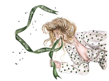 Holiday art collection. Chic blonde in Polka Dot Dress with green ribbon. thumb