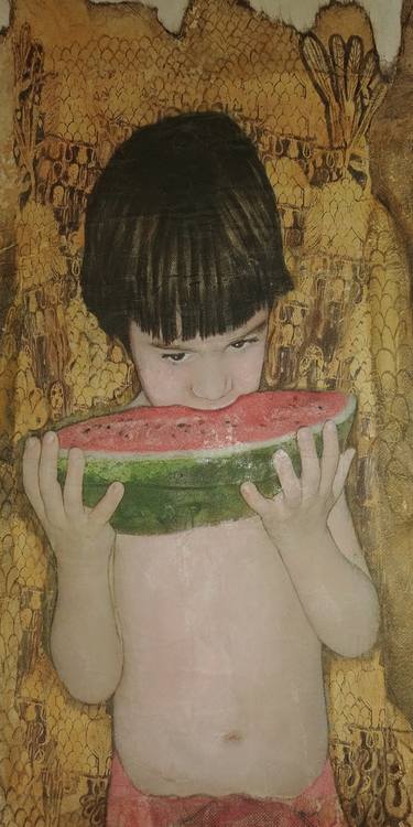 Boy eating a watermelon thumb