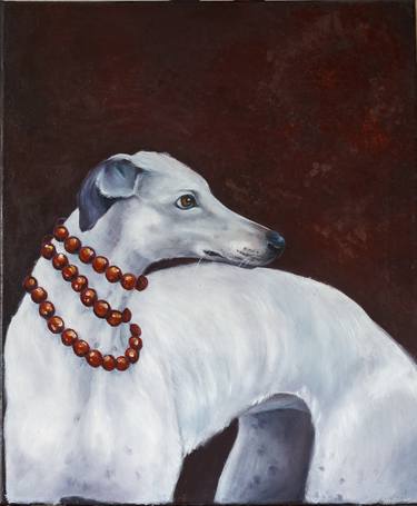 white Greyhound with red beads thumb