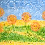 Air bubbles over yellow flowers in bright summer by Olesya Leo