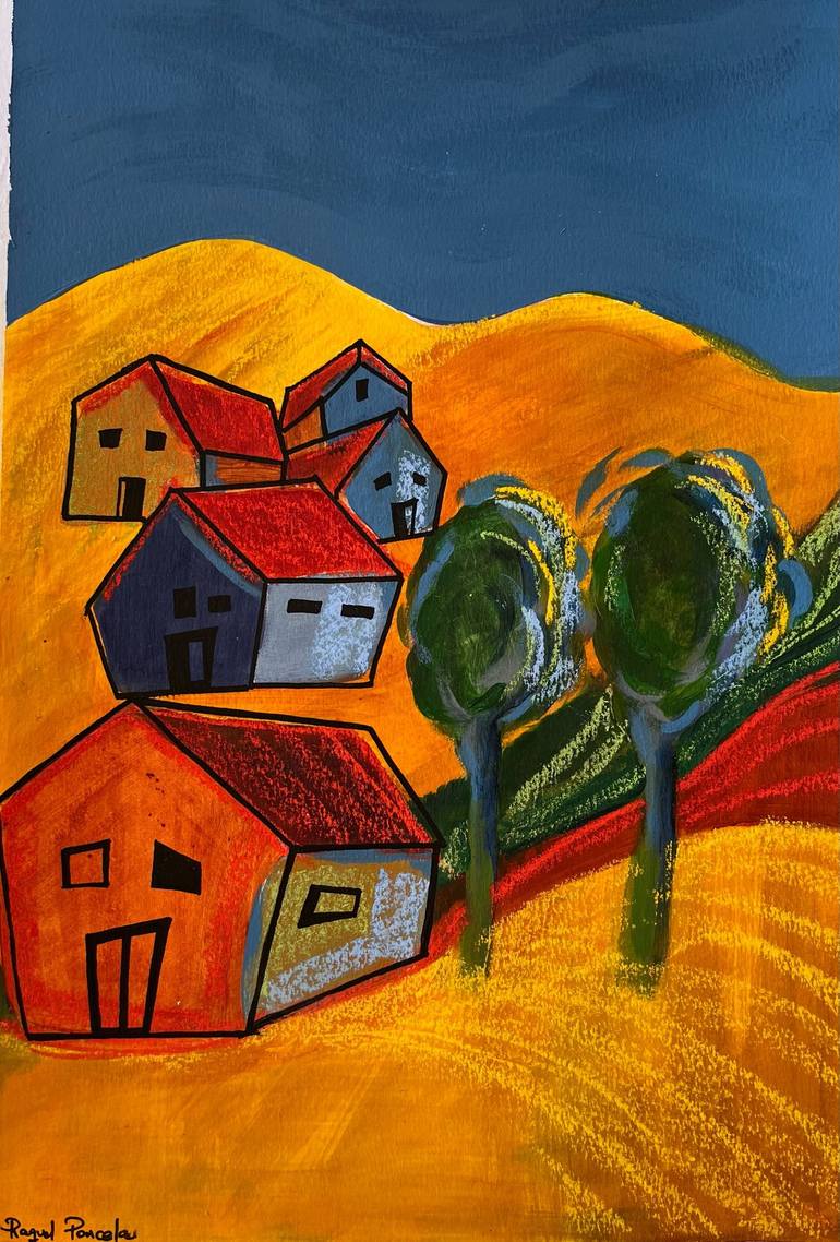 Original Architecture Painting by Raquel Poncela Jimenez | Conceptual Art on Paper | Rural tower
