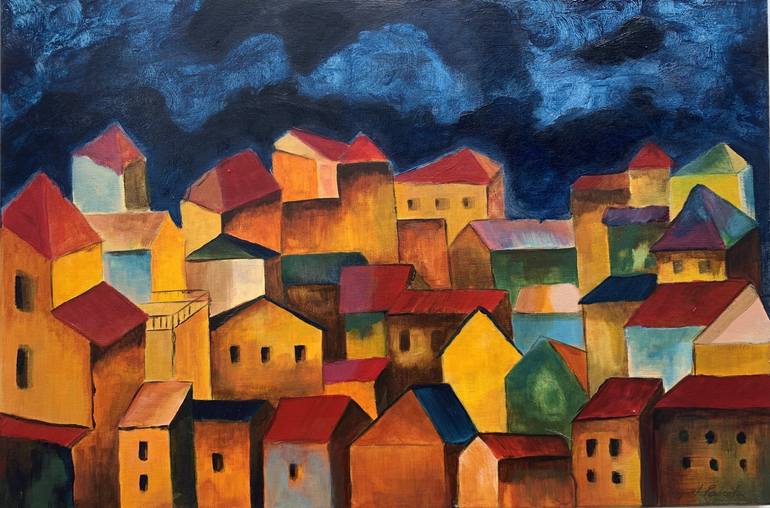 Original Architecture Painting by Raquel Poncela Jimenez | Conceptual Art on Canvas | Under the storm