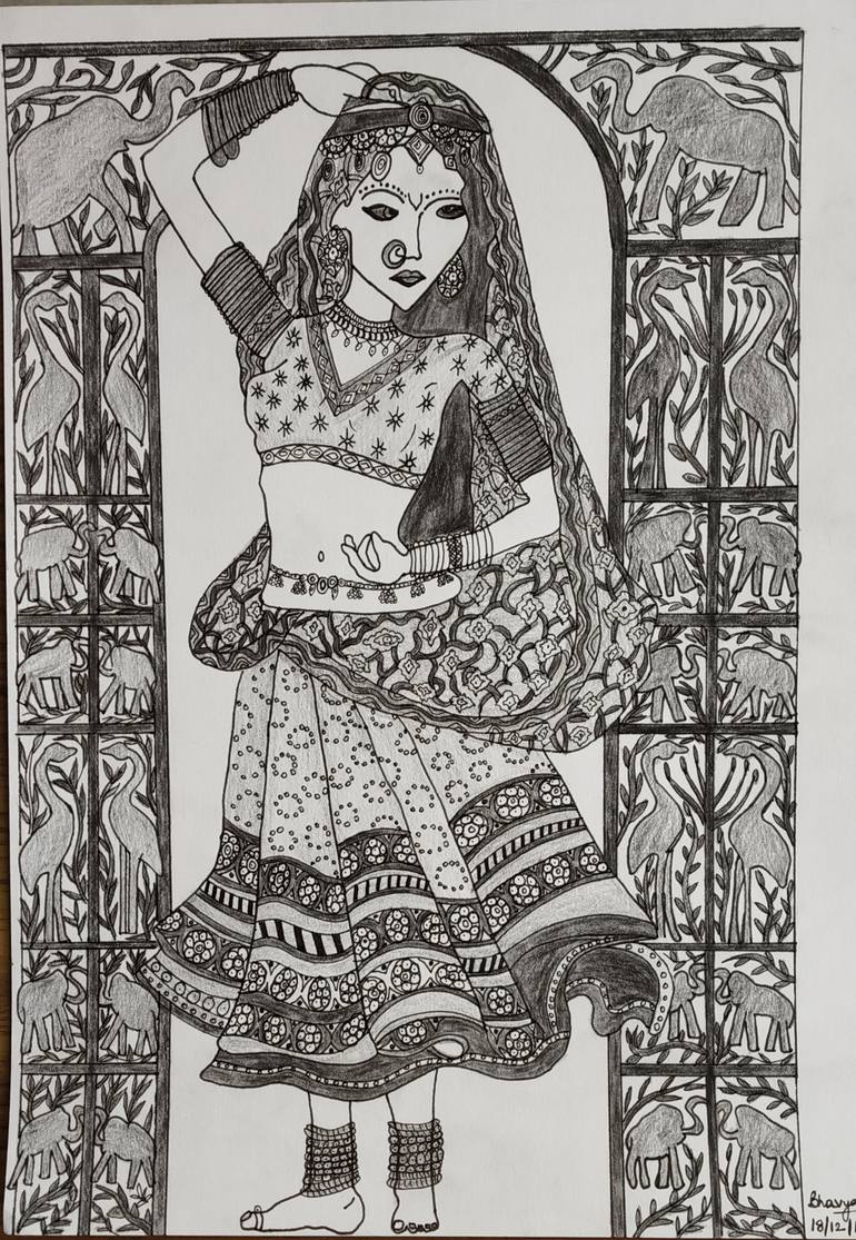 Original Art Deco Women Drawing by Bhavya Bathla