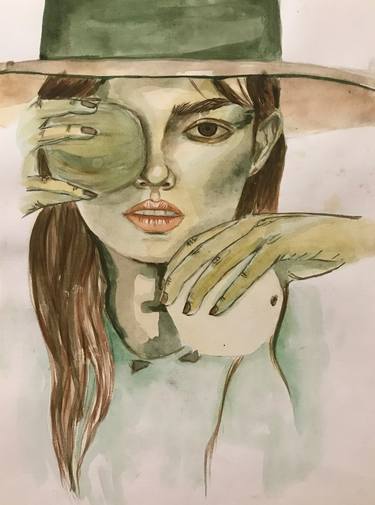 watercolor olive portrait monochrome girl in a hat woman portrait thumb