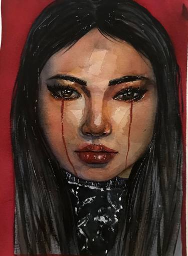 Watercolor work asian woman "Pain" Original work on 300g cotton paper thumb