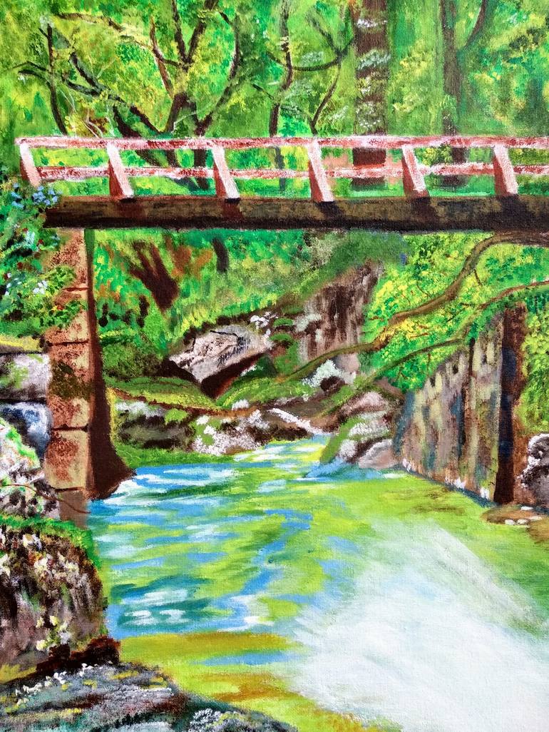 Bridge in forest Painting by Ajanta Bhattacharya | Saatchi Art