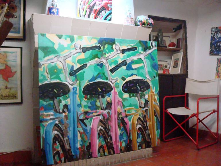 Original Impressionism Bicycle Painting by TRAFIC D'ART