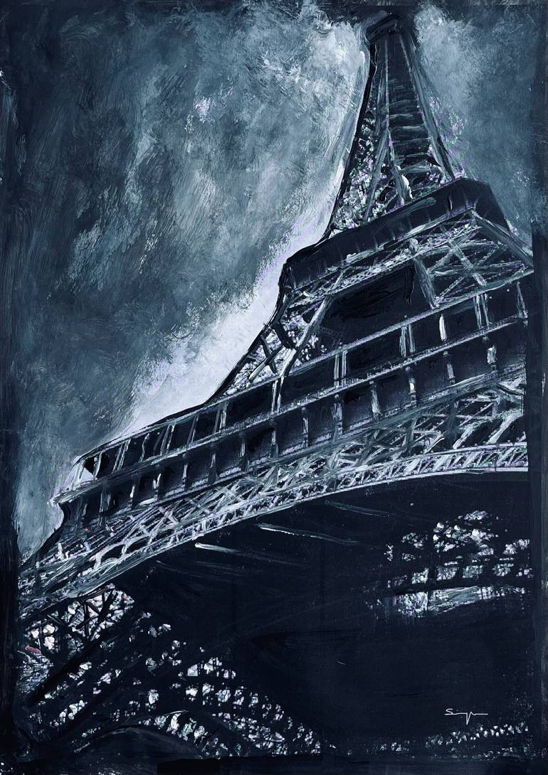 Original Architecture Painting by Antonino Siragusa | Black & White Art on Paper | Tour Eiffel Paris