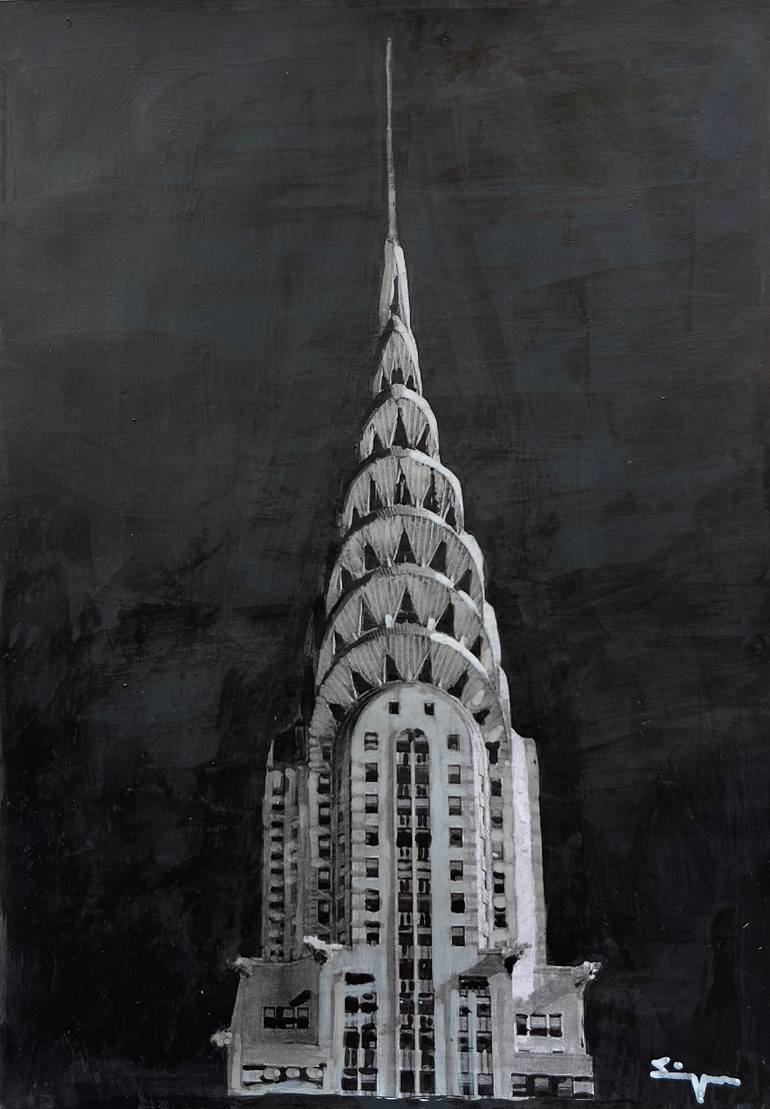 Original Architecture Painting by Antonino Siragusa | Contemporary Art on Paper | Chrysler building by night - New York City