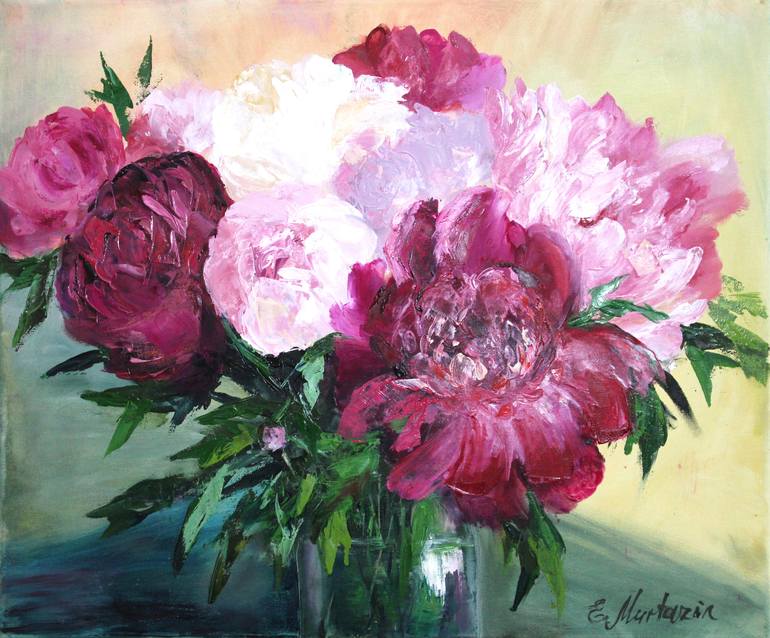 Bouquet of white and pink peonies Painting by Elena Murtazin | Saatchi Art