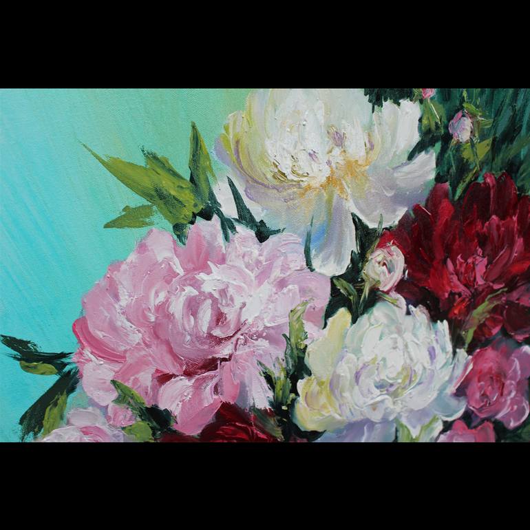 White, pink and dark red peonies Painting by Elena Murtazin | Saatchi Art