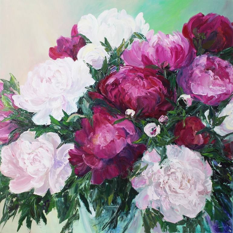 White and Purple Peonies Painting by Elena Murtazin | Saatchi Art