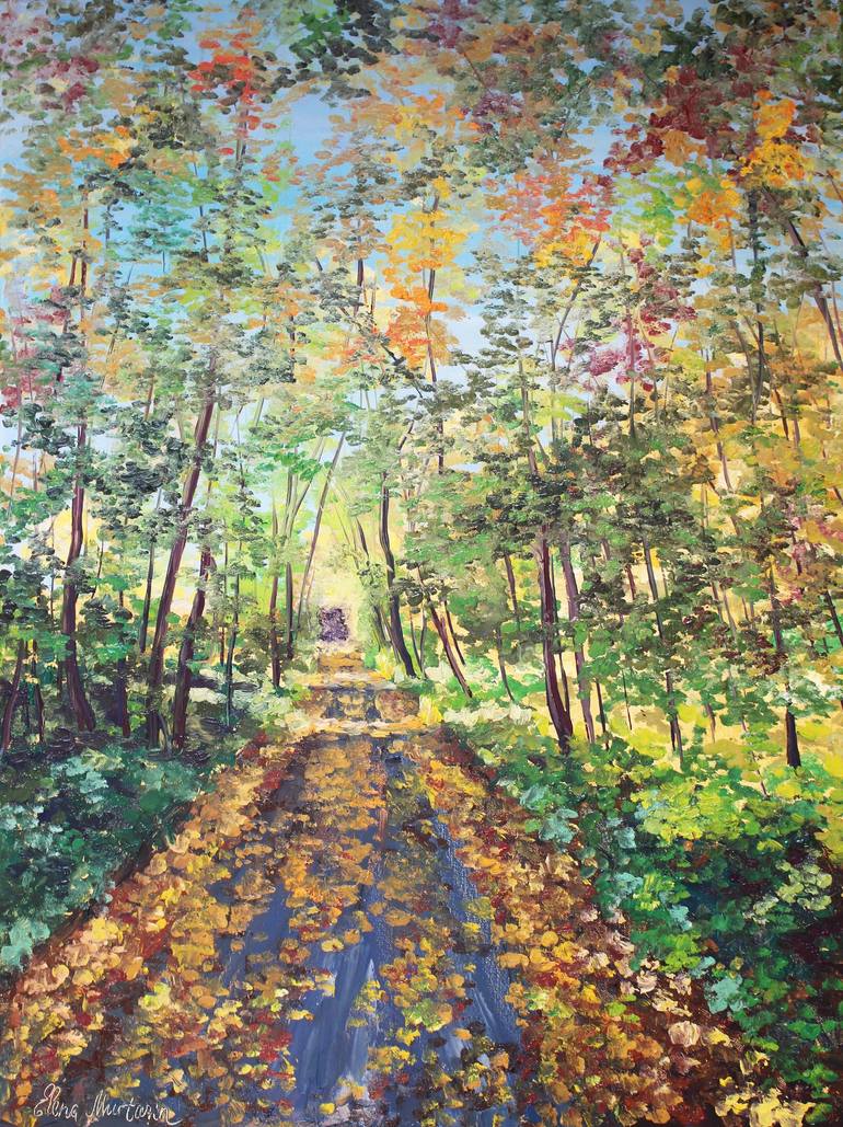 A Road in the Autumn Forest Painting by Elena Murtazin | Saatchi Art