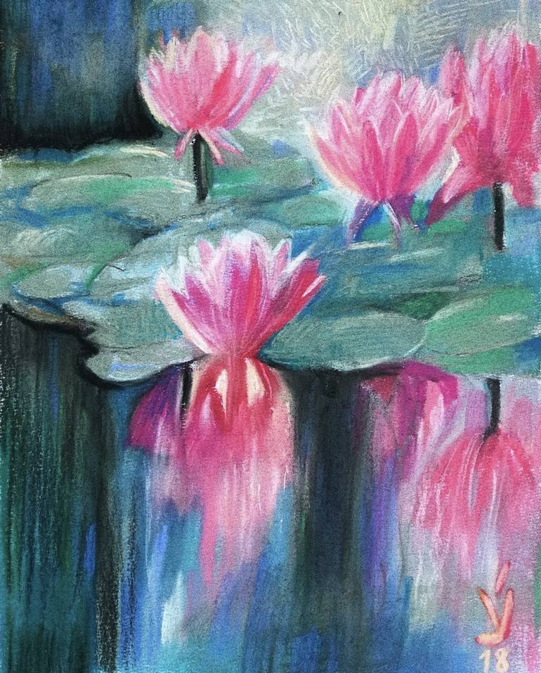 Walter lilies in pond Painting by Yael Surguchev | Saatchi Art