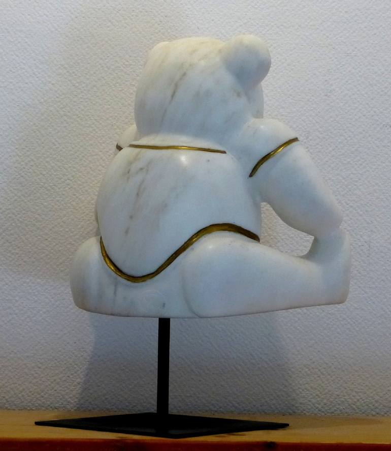 Carrara Marble Teddy Bear Sculpture by Jean-Michel Garino