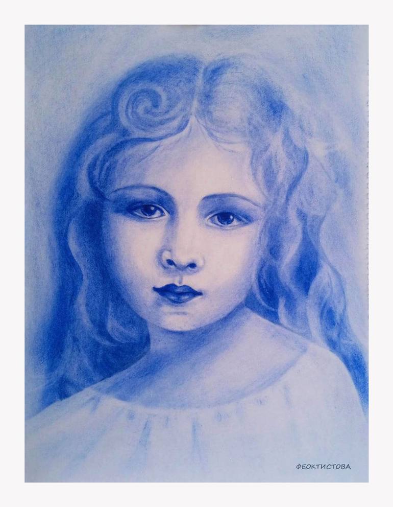 Original Children Painting by Tatiana Feoktistova | Modernism Art on Paper | Blue Vision. Portrait of a Girl in Dry Brush Technique
