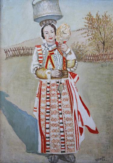 Portrait:Woman dressed in Traditional Costume hanging a Water Jar in her head thumb