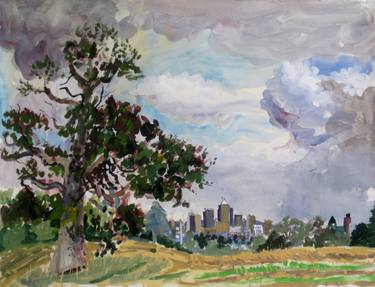 Canary Wharf from Hampstead Heath, watercolour, gouache and acrylic on Hannemuhle paper thumb