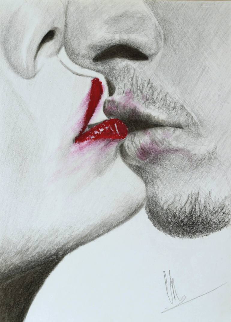 Romantic Kiss Faces Lips Closeup Couple Drawing by Ros Ruseva Print