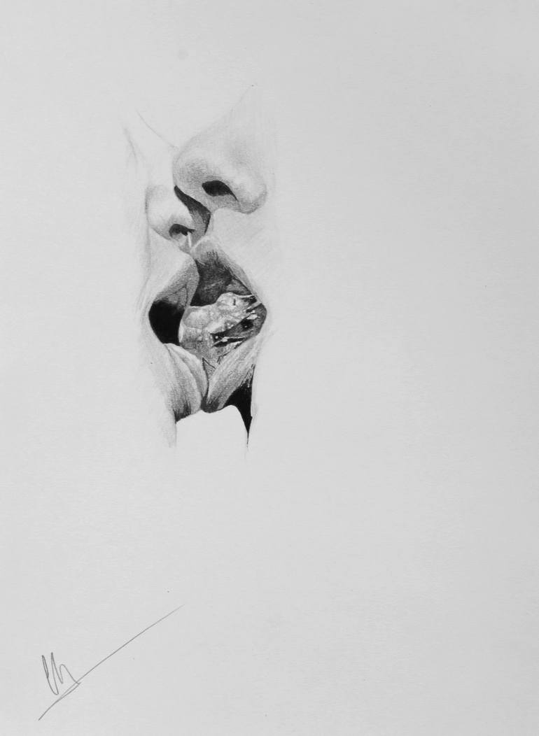 Romantic Kiss Faces Lips Closeup Couple Drawing by Ros Ruseva Print