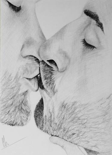 Romantic Kiss Faces Lips Closeup Couple Drawing by Ros Ruseva Print