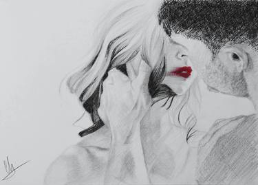 Romantic Kiss Faces Lips Closeup Couple Drawing by Ros Ruseva Print