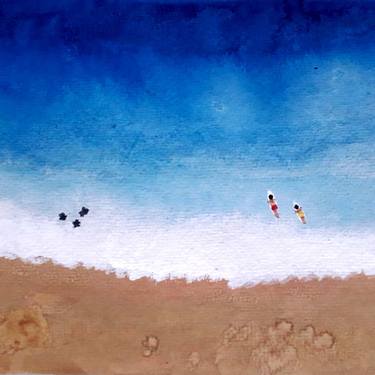 Beach with Surfers Watercolor Painting by RíSelene thumb