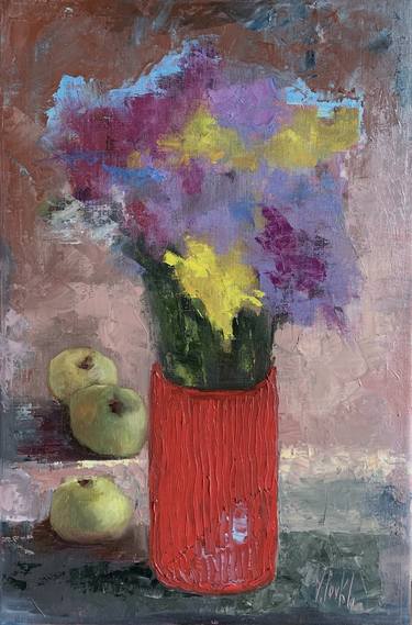 Red Vase and Three Green Apples thumb