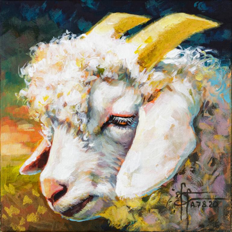 Original Goat Acrylic Small Canvas Painting, Miniature Painting, Cute Farm Animal Wall Art, Little Lamb Portrait, Nursery Animal Head Art Painting By Anna Ivanova | Saatchi Art