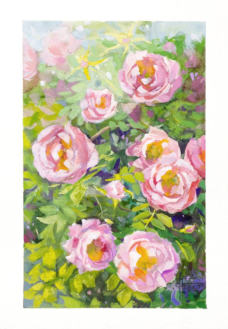 Original Rose Flowers Small Gouache Painting Colorful Pink Flower Watercolor Drawing Still Life Floral Botanical Wall Art Aesthetic Decor Painting By Anna Ivanova Saatchi Art