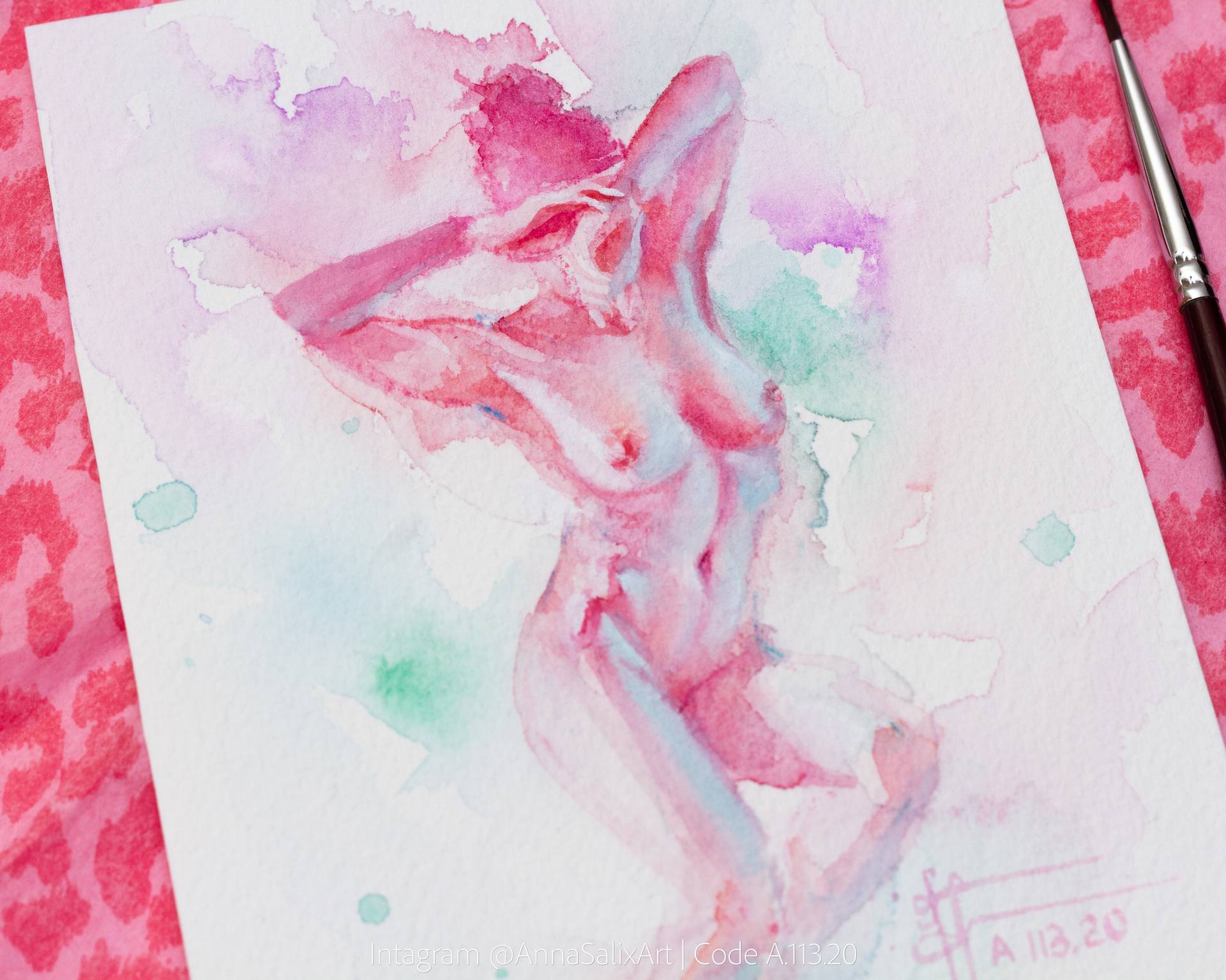 Nude pink girl 1997-by Israeli artist-Original Watercolor authentic Painting