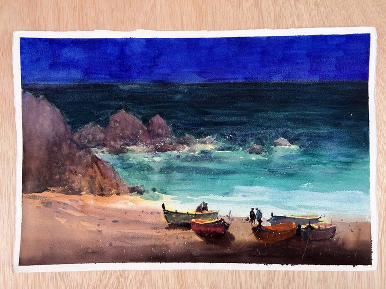 Original Impressionism Beach Painting by Andrii Kovalyk 
