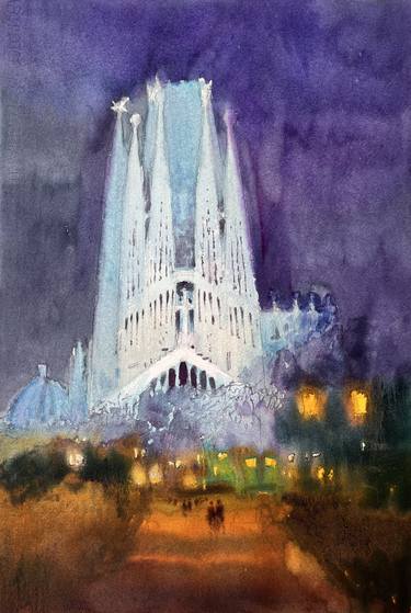View of the Sagrada Familia at night thumb