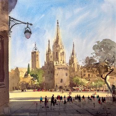 View of the square and the cathedral in Barcelona thumb