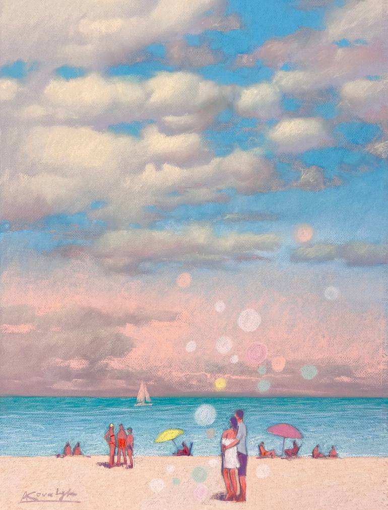 Original Beach Drawing by Andrii Kovalyk | Impressionism Art on Paper | Sunny Summer Day at Sea